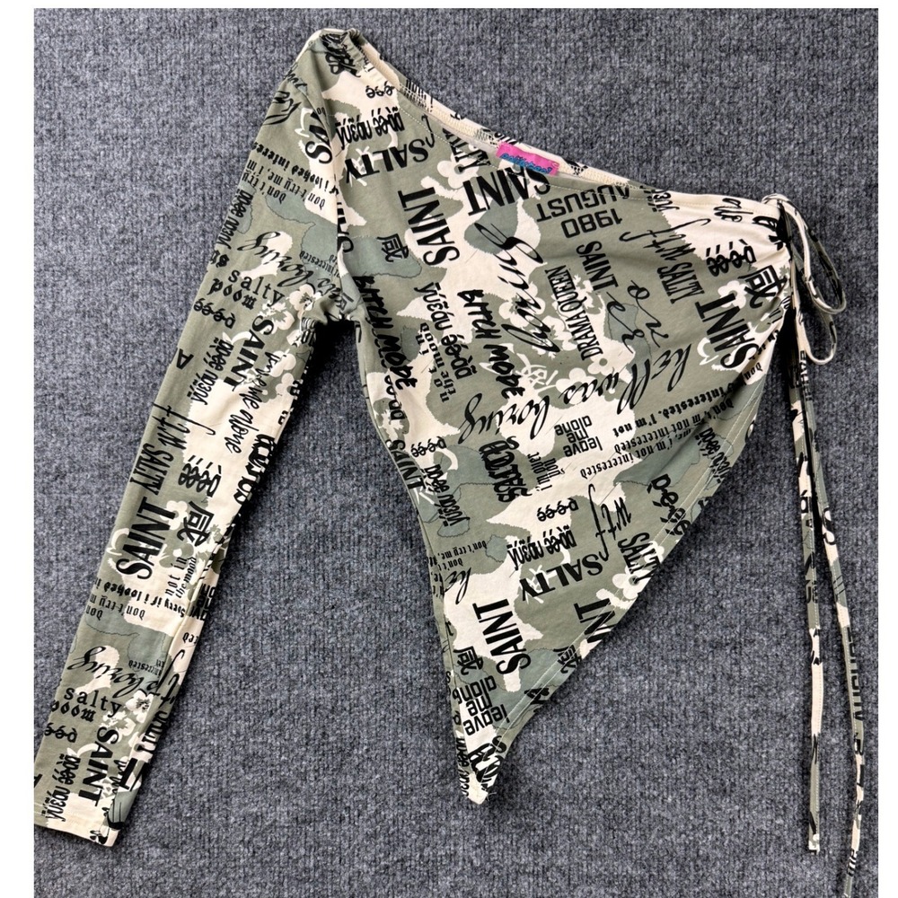 Edikted One Shoulder Camo Graphic Streetwear Handkerchief Hem Top Green Small